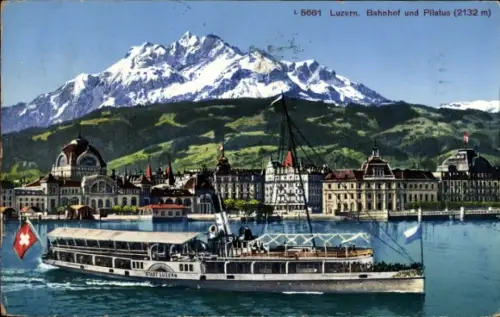 Ak Luzern Stadt Schweiz, Bahnhof und Pilatus, Dampfer Stadt Luzern