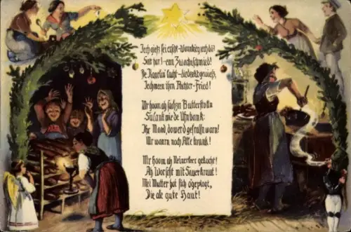 Künstler Ak Köselitz, Rud., Frohe Weihnachten, Dr Weihnachtsheiligohmd, Erzgebirge, Brot, Engel