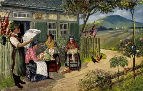 Künstler Ak Annaberg Buchholz Erzgebirge, Pöhlberg, Spitzenklöpplerinnen, Volkstrachten, Zeitung