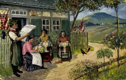 Künstler Ak Annaberg Buchholz Erzgebirge, Pöhlberg, Spitzenklöpplerinnen, Volkstrachten, Zeitung