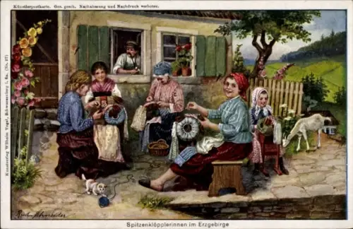 Künstler Ak Schneider, Rud., Spitzenklöpplerinnen im Erzgebirge, Ziege 