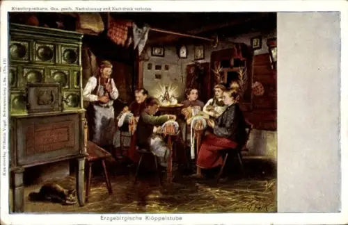Künstler Ak Falk, G., Erzgebirgische Klöppelstube, Kachelofen