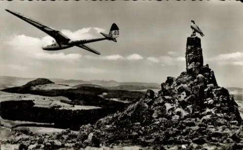 Ak Wasserkuppe Rhön, Segelflugzeug Nürnberg am Fliegerdenkmal, D-13-245