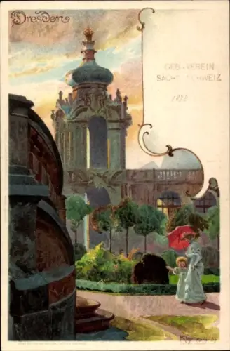 Ak Dresden Altstadt Johannstadt, Zwinger, historische Architektur, Dame mit Regenschirm, Garte...