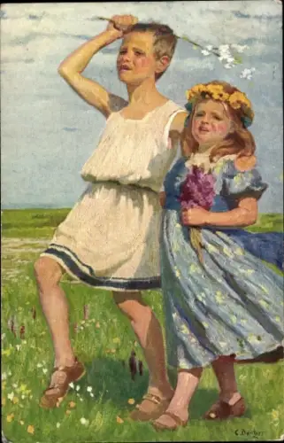 Künstler Ak Bantzer, Dresden Zentrum, Blumentag, Kinder auf der Wiese