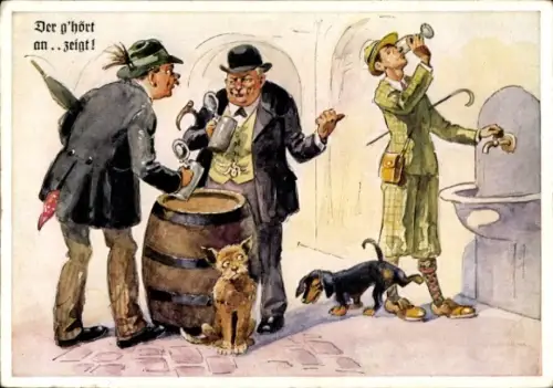 Ak München Bayern, Gruß aus dem Hofbräuhaus, Dackel pinkelt Wassertrinker ans Bein, Bierfass