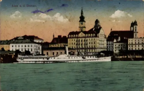 Ak Linz an der Donau Oberösterreich, Gesamtansicht, Dampfer
