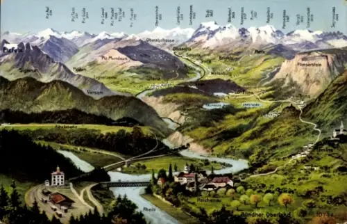 Landkarten Ak Surselva Bündner Oberland, Gesamtansicht, Rhein