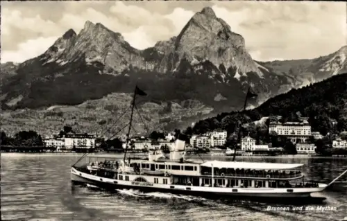 Ak Brunnen Kt. Schwyz Schweiz, Vierwaldstättersee, Salondampfer Stadt Luzern, Mythen