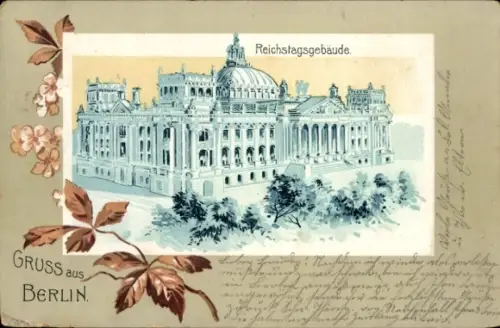 Passepartout Litho Berlin, Reichstagsgebäude, Blätter und Blüten