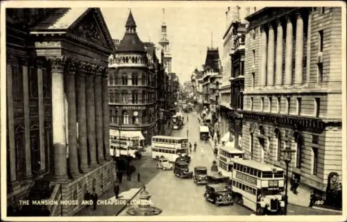 Ak London England, Mansion House, Cheapside, Busse