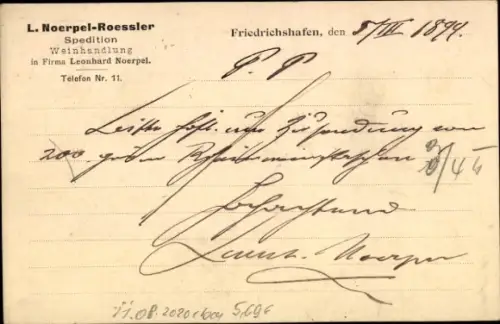 Ak Friedrichshafen am Bodensee,  von L. Noerpel-Roessler,  Weinhandlung, 1899