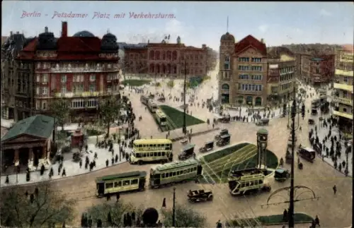 Ak Berlin Tiergarten, Potsdamer Platz, Verkehrsturm, Straßenbahn