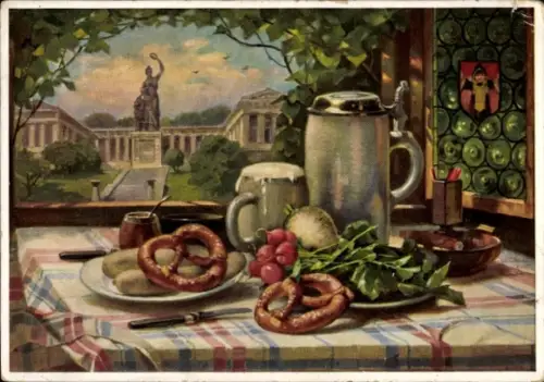 Ak München Bayern, Bierkrug, Brezeln, Wurst, Radieschen