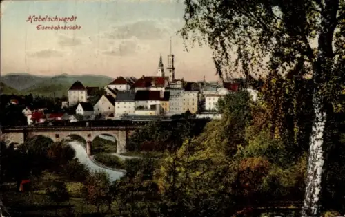 Ak Bystrzyca Kłodzka Habelschwerdt Schlesien, Stadtansicht, Eisenbahnbrücke, Habelschwerdt