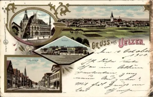 Litho Uelzen in Niedersachsen, Bahnhof, Reichspost, Gudes-Straße