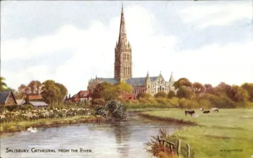 Ak Salisbury South West England, Salisbury Cathedral, Flussansicht, A. Quinton