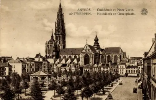 Ak Antwerpen Flandern, Kathedrale, Platz, Bäume, Stadtansicht, Antwerpen