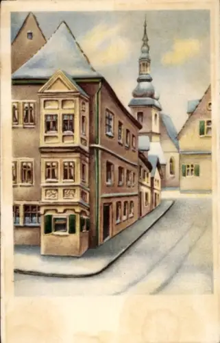 Künstler Ak Gebäude mit Erker, Straßenpartie, Kirche