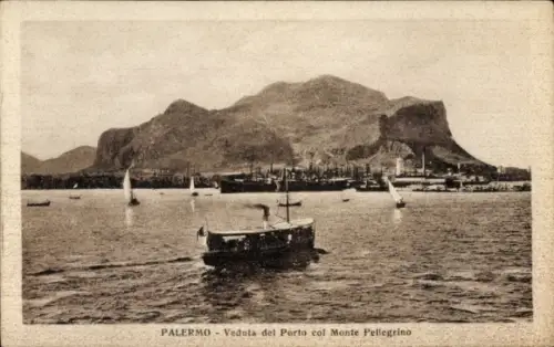 Ak Palermo Sizilien Sicilia Italien, Blick auf den Hafen, Monte Pellegrino, Segelboote, Schiff