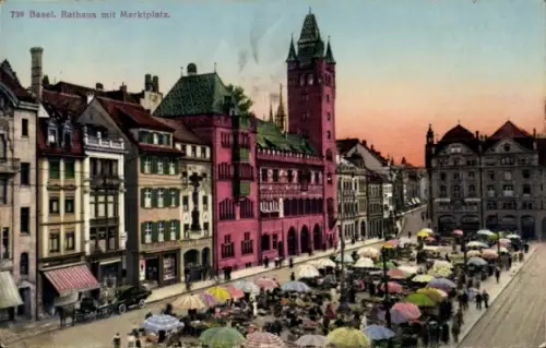Ak Basel Stadt Schweiz, 739  Rathaus, Marktplatz, bunte Schirme,  Gebäude