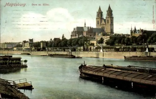 Ak Magdeburg an der Elbe,  Dom, Elbe, Fluss, Schiffe