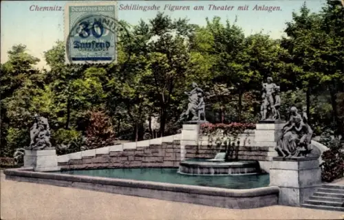 Ak Chemnitz in Sachsen,  Schillingsche Figuren, Theater, Brunnen, Parkanlage