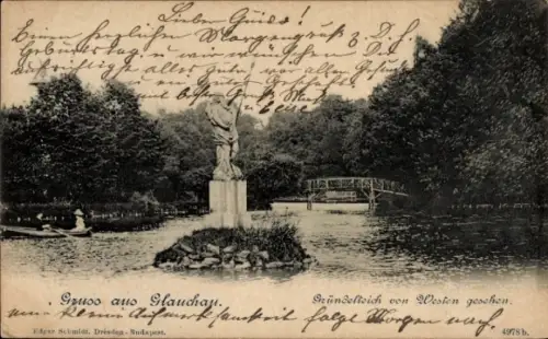 Ak Glauchau in Sachsen, Statue im Wasser, Brücke, Bäume, Gründelteich, Glauchau