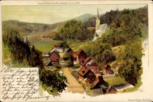 Künstler Litho Schierke Wernigerode am Harz, Blick auf die Kirche