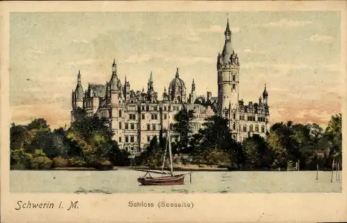 Ak Schwerin in Mecklenburg, Schloss, Seeseite, Boot auf dem Wasser
