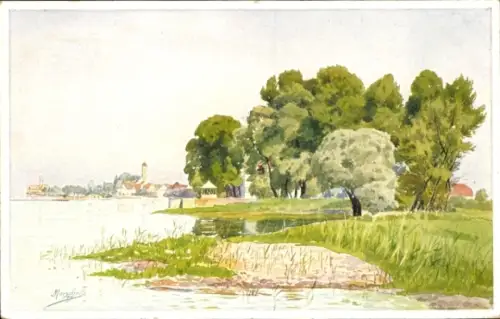 Ak Langenargen am Bodensee, Landschaft am Bodensee, Bäume, Wasser, Aquarellstil