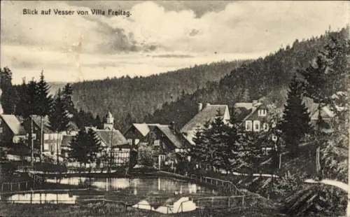 Ak Vesser Suhl in Thüringen, Blick auf  Villa Freitag, Landschaft, Teich, Bäume, Berge
