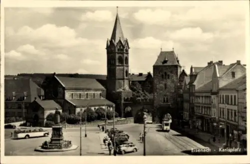 Ak Lutherstadt Eisenach Thüringen, Hellthal,  Karlsplatz,  Gebäude, Straßenbahn, Autos
