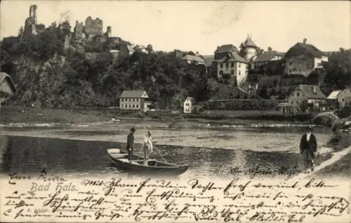 Ak Hals Passau in Niederbayern,  Flusslandschaft, Boote, Ruine im Hintergrund