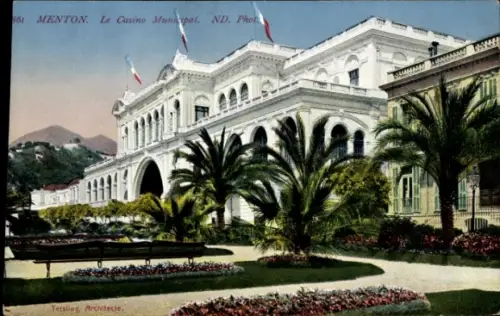 Ak Menton Alpes Maritimes, Casino Municipal,  Architektur, Palmen, Garten