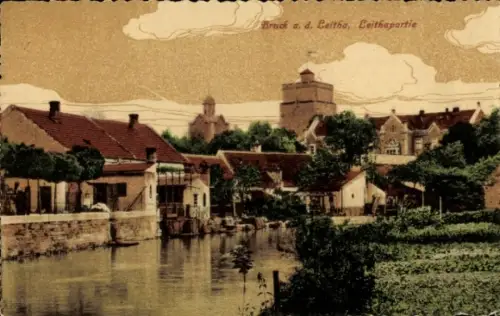 Ak Bruck an der Leitha in Niederösterreich, Bruck a. d. Leitha, Leithapartie, Fluss, Häuser, Land