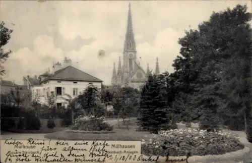 Ak Mulhouse Mülhausen Elsass Haut Rhin,  Kirche, Steinbach-Anlagen, Garten, Weihnachtswünsche
