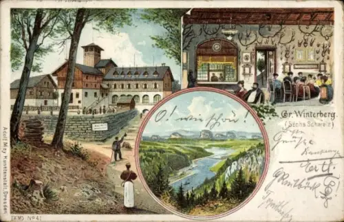 Litho Ostrau Bad Schandau in Sachsen, Großer Winterberg, Gaststätte, Panorama