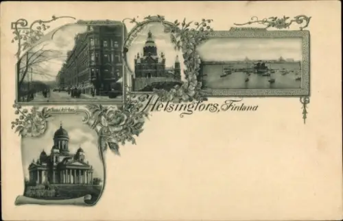 Passepartout Ak Helsinki Helsingfors Finnland, Kirchen, Straßenpartie, Hafen