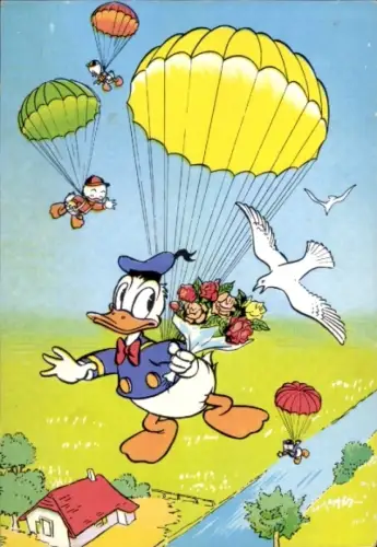 Ak Walt Disney, Donald Duck und Neffen, Fallschirme, Blumenstrauß