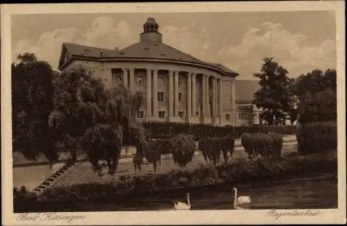 Ak Bad Kissingen Unterfranken Bayern, Regentenbau, Teich mit Schwänen