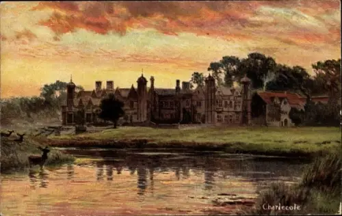 Künstler Ak Charlecote Warwick Warwickshire England, Schloss in der Dämmerung, Wild am Wasser