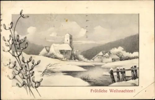 Ak Glückwunsch Weihnachten, Winterlandschaft, Kirche, Mistelzweige