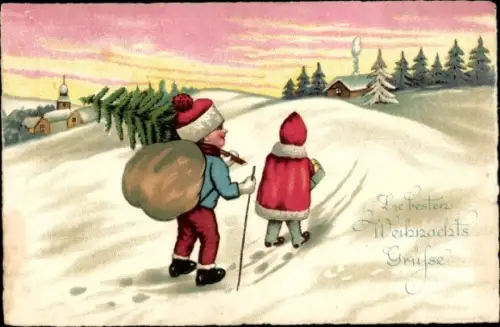 Ak Glückwunsch Weihnachten, Kinder, Tannenbaum, Sack, Gehstock