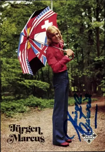 Ak Sänger Jürgen Marcus, Portrait mit Regenschirm, Flaggen Aufdruck, Telefunken, Autogramm