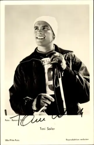 Ak Toni Sailer, Österreichischer Skirennläufer und Schauspieler, Portrait, UFA Film, Autogramm