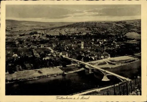 Ak Trittenheim an der Mosel, Luftaufnahme von Trittenheim, Mosel, Brücke, Weinort, Landschaft