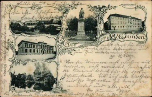 Ak Holzminden an der Weser, Baugewerkschule, Denkmal, Gymnasium