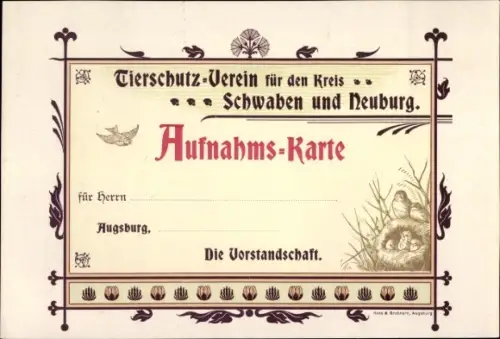 Ak Augsburg in Schwaben, Tierschutz Verein Kreis Schwaben und Neuburg, Aufnahmskarte