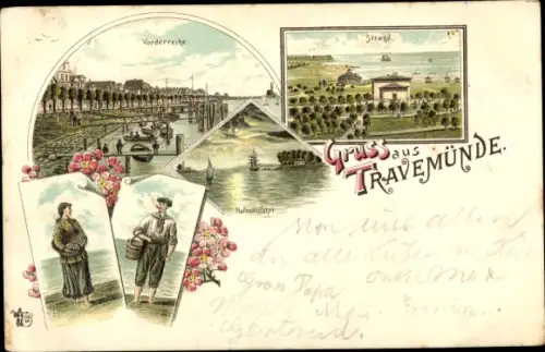 Litho Travemünde Lübeck, Strand, Vorderreihe, Hafeneinfahrt, Fischertrachten